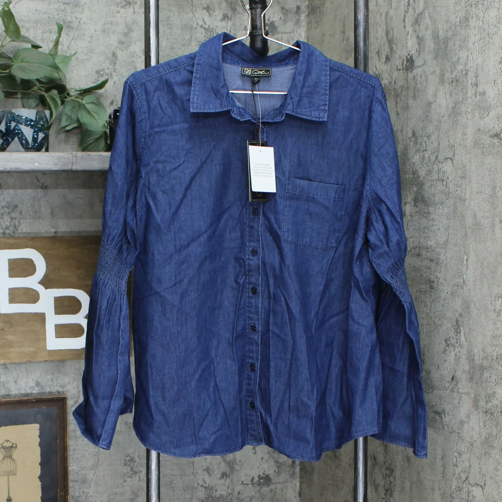 DG2 by Diane Gilman Women's Smocked Boyfriend Chambray Denim Shirt