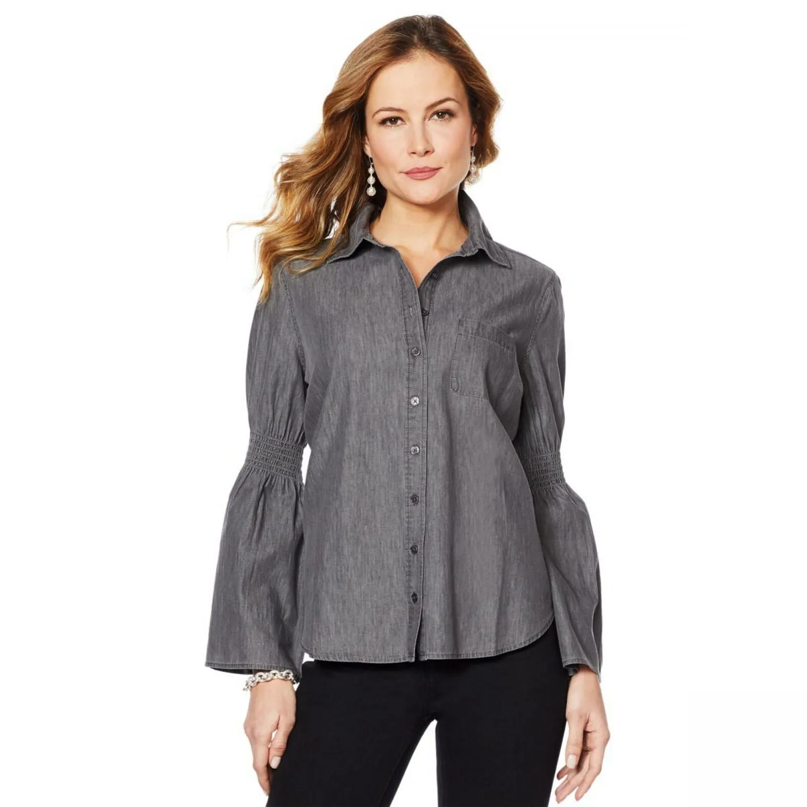 DG2 by Diane Gilman Women's Smocked Boyfriend Chambray Denim Shirt