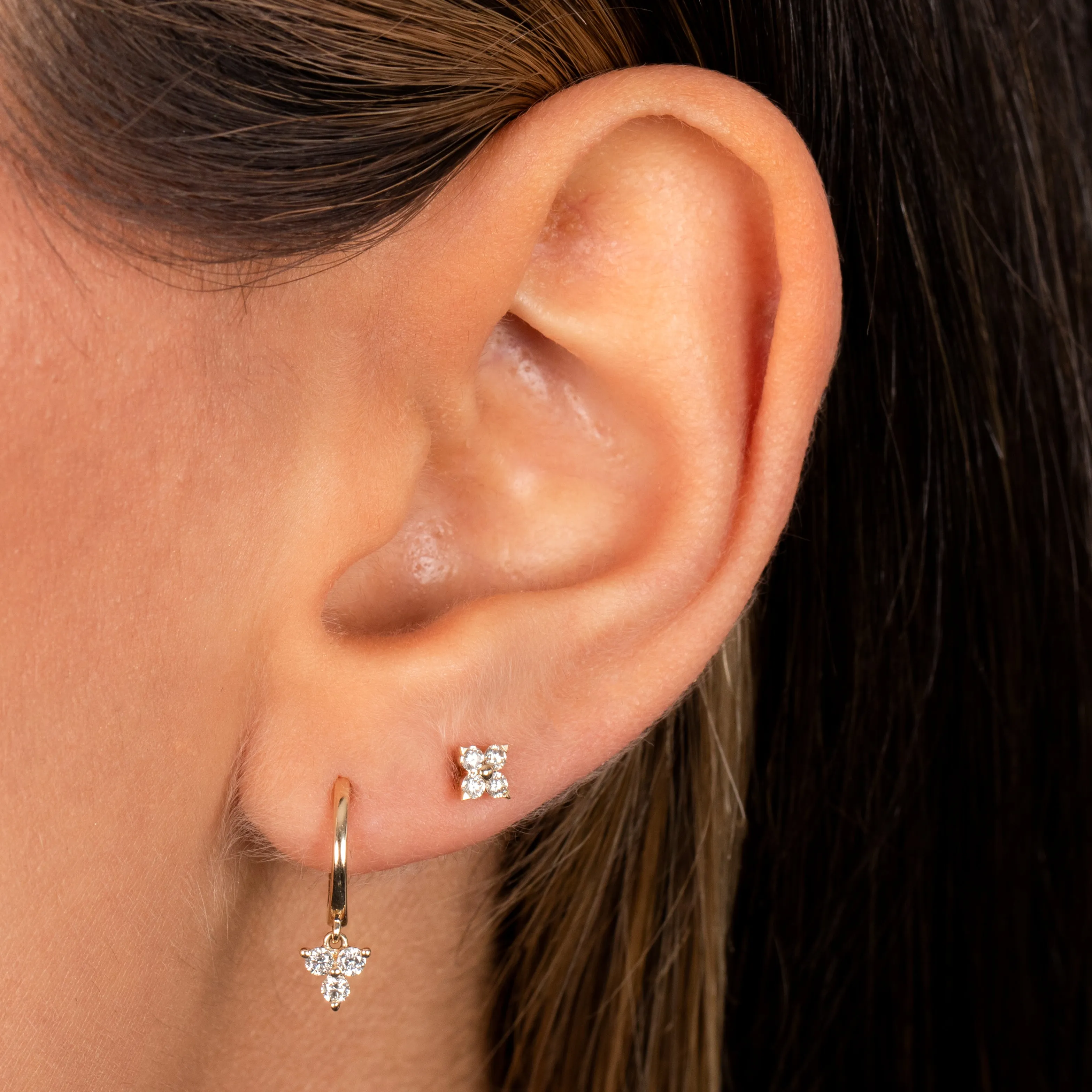 Diamond 4 Leaf Clover Flower Stud Earring 14K