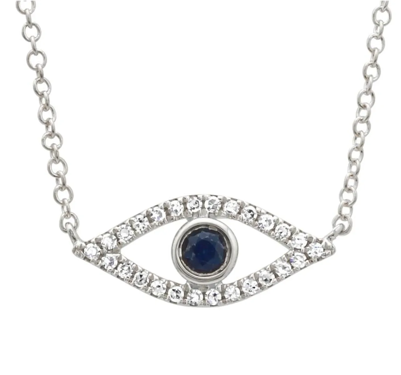 DIAMOND EVIL EYE NECKLACE WITH BEZEL SET SAPPHIRE