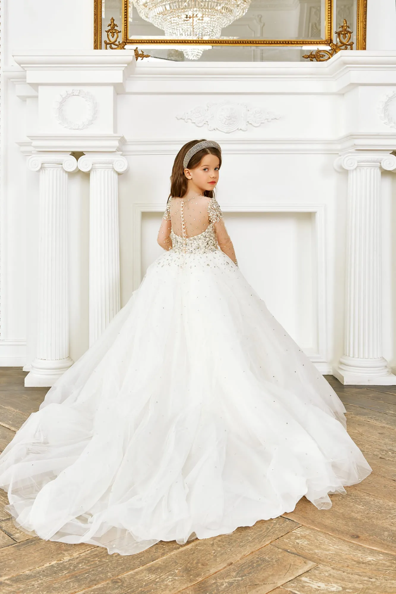 DIAMOND FLOWER GIRL DRESS WITH RHINESTONES AND BEADS