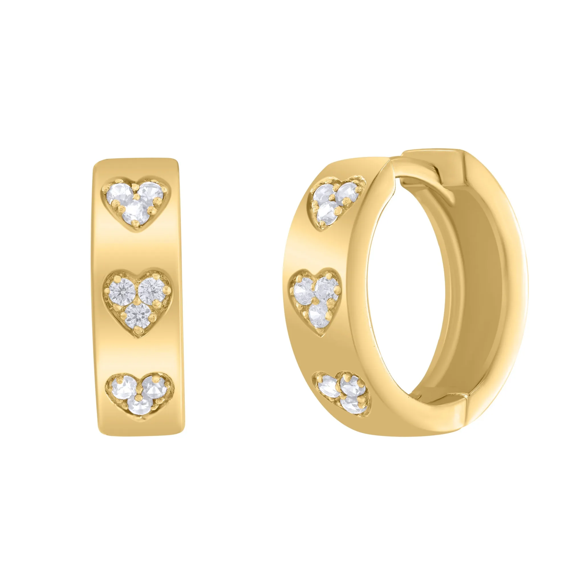 Diamond Pave Hearts Huggie Earrings and Ring Gift Jewelry Set 14K Yellow Gold