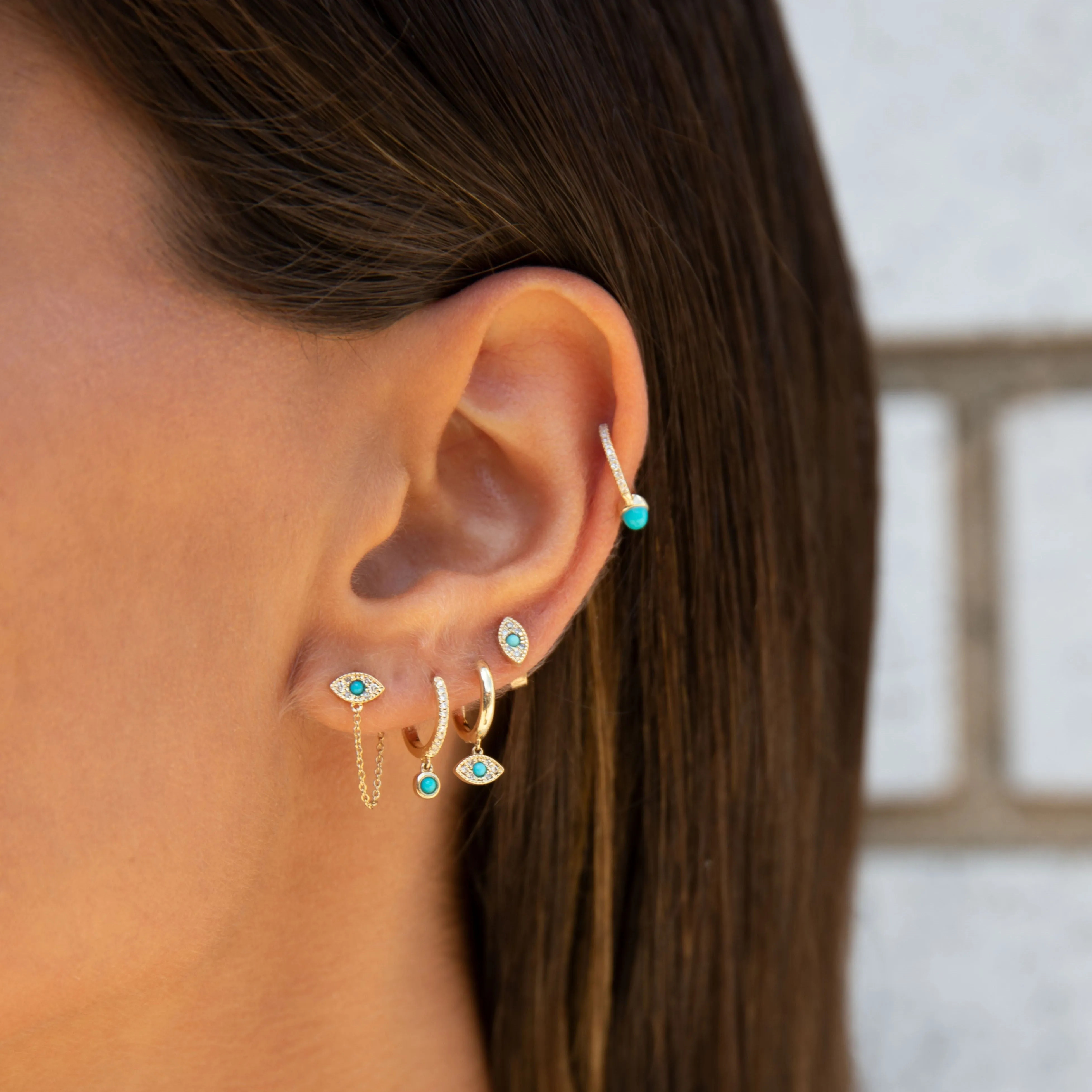 Diamond Pave X Turquoise Dangling Evil Eye Huggie Earring 14K