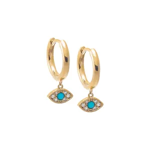 Diamond Pave X Turquoise Dangling Evil Eye Huggie Earring 14K