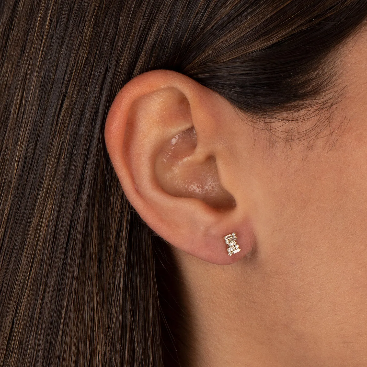 Diamond Round X Baguette Scattered Stud Earring 14K