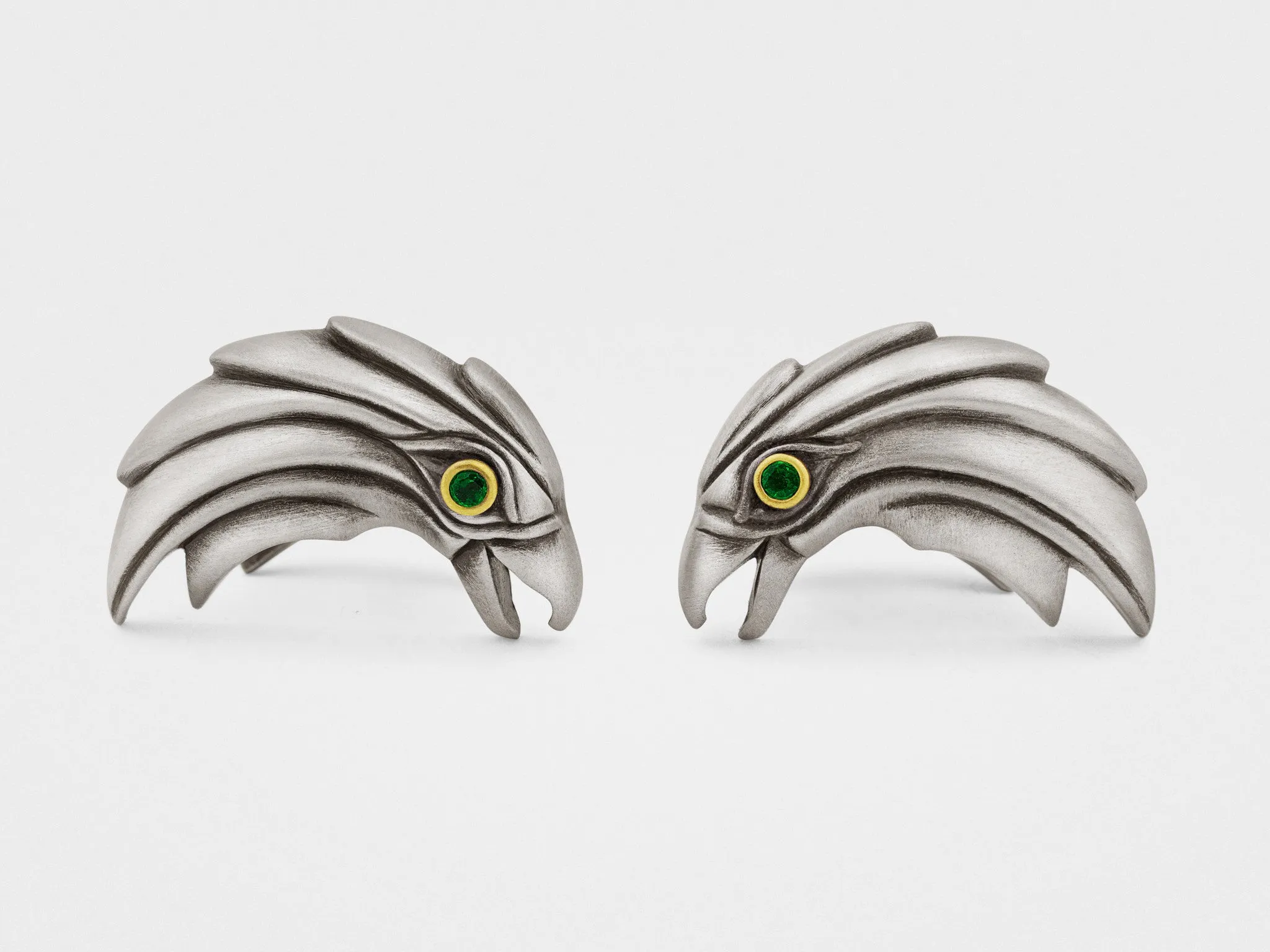 Eagle Cufflinks in Sterling Silver, 18K Gold, Emeralds