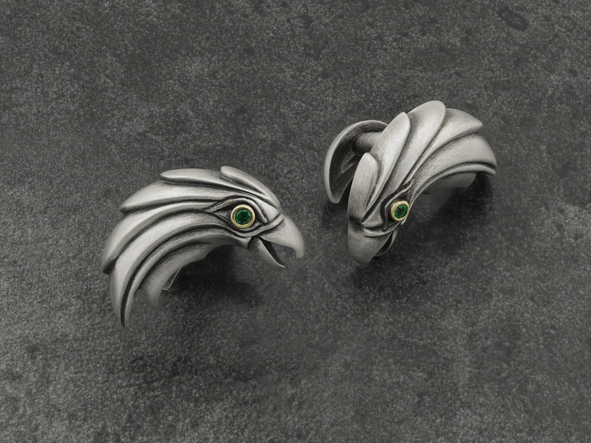 Eagle Cufflinks in Sterling Silver, 18K Gold, Emeralds