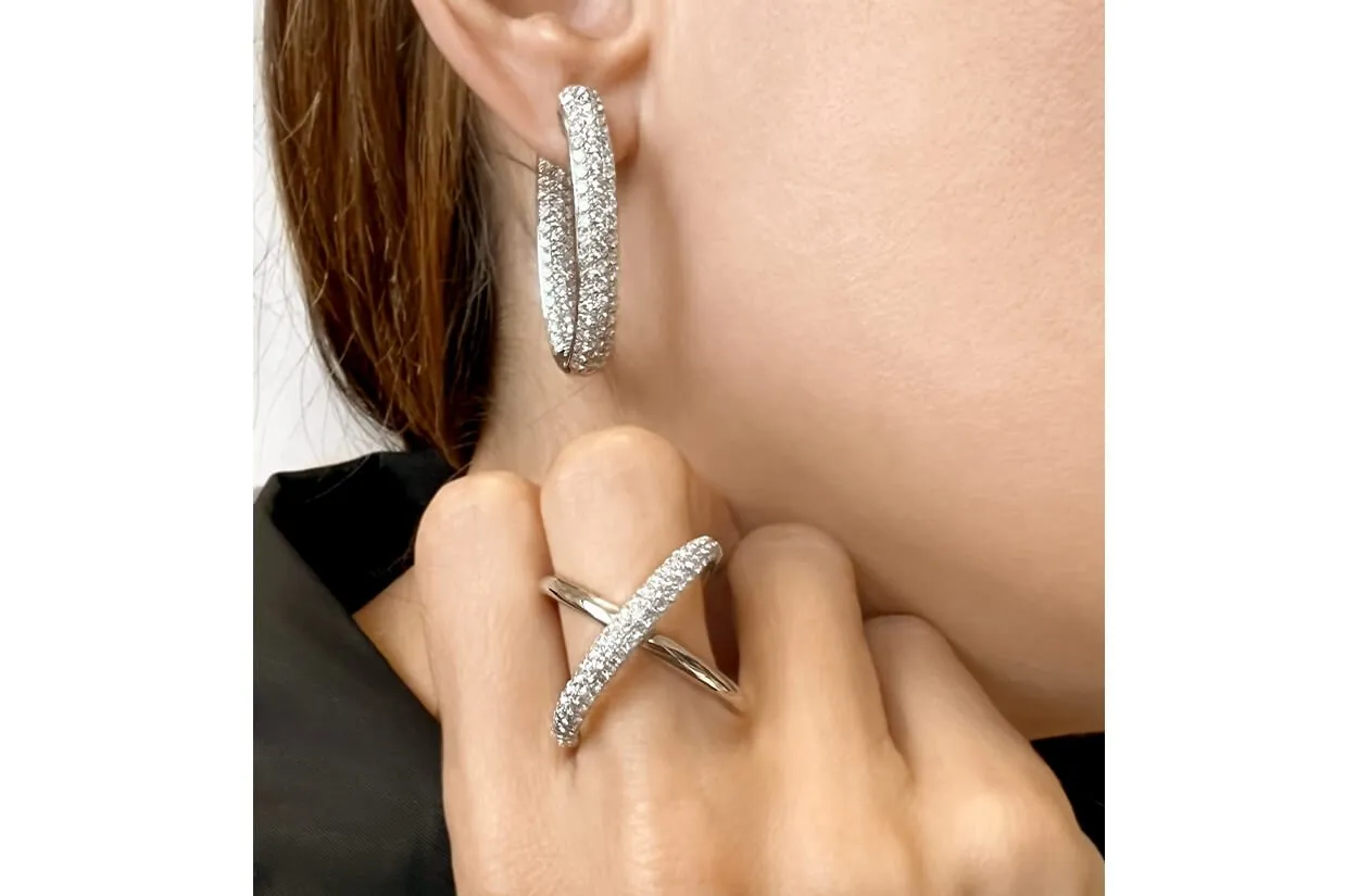 Earrings 18kt Gold & 3-Row Diamonds Hoops