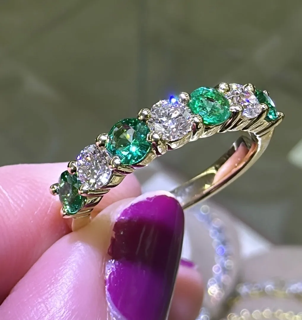 Emerald & Diamond Alternating Yellow Gold Eternity Band