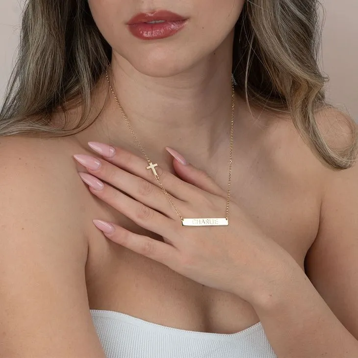 Engraved Bar Sideways Cross Necklace