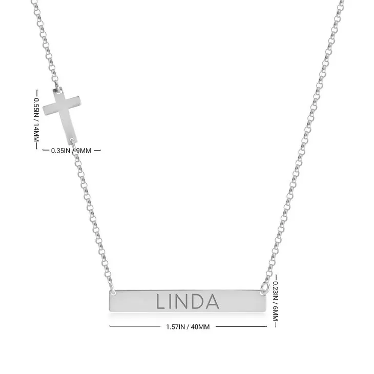 Engraved Bar Sideways Cross Necklace
