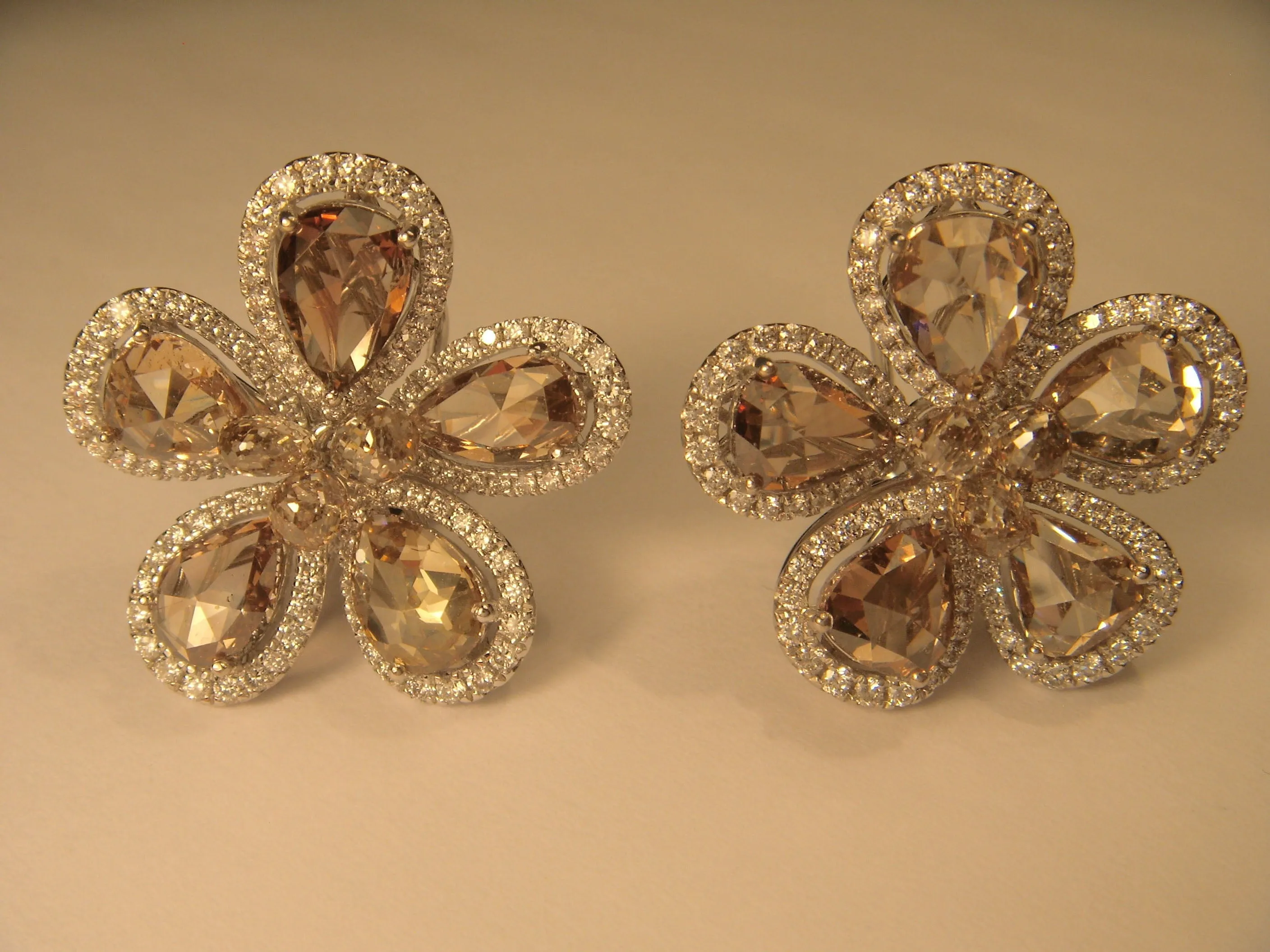 Exquisite 18K White Gold Rose Cut Champagne Diamond Floral Earrings
