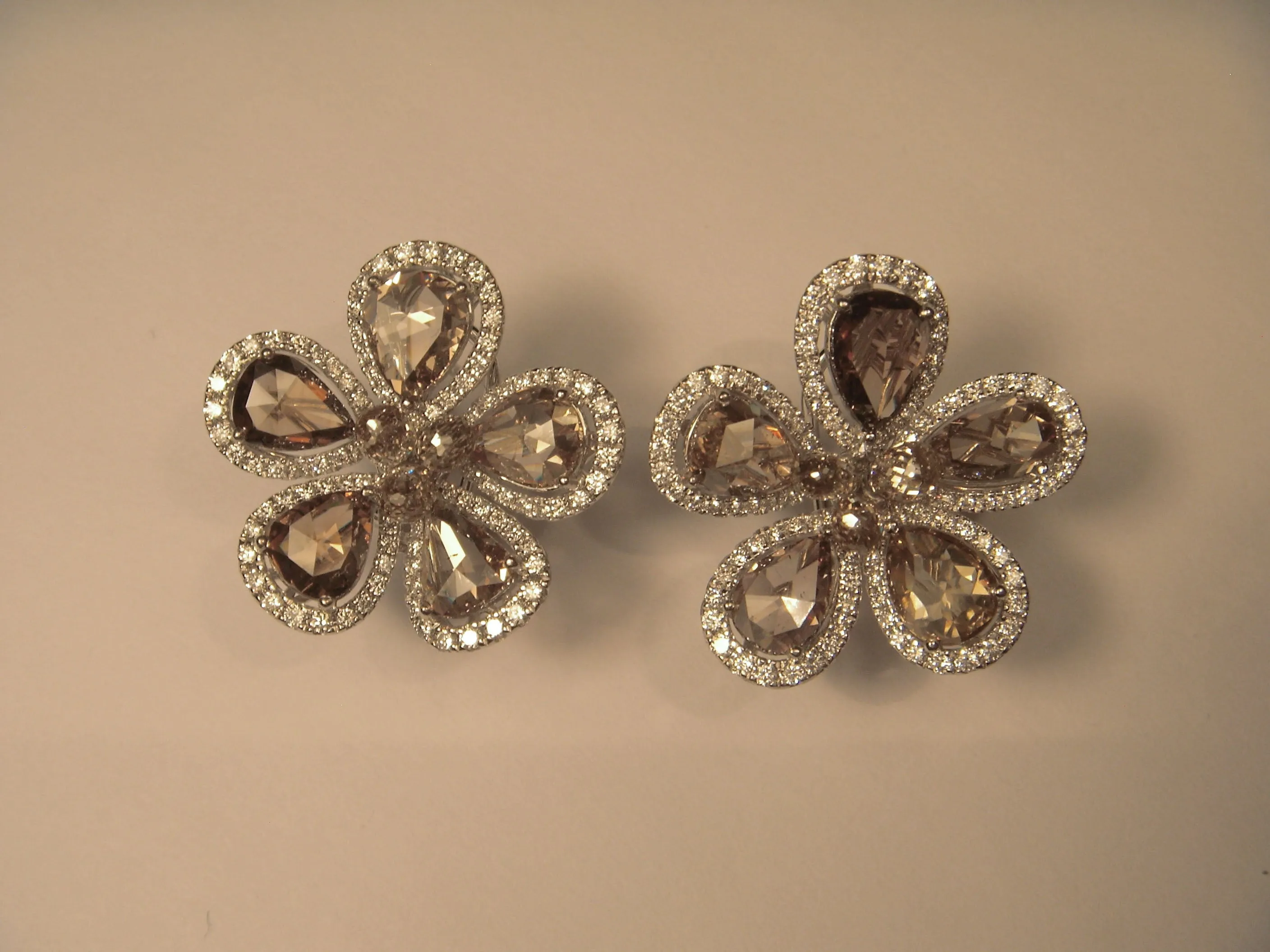 Exquisite 18K White Gold Rose Cut Champagne Diamond Floral Earrings
