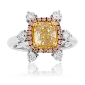 Fancy Natural Yellow Diamond with Pink Diamond & Diamond Halo Ring