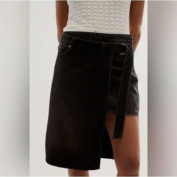 Free People We The Free On Tour Denim Wrap Skirt Hi Low Black Size 24 &amp; 30 NWT‎