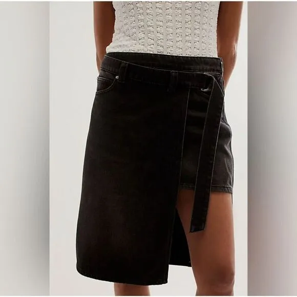Free People We The Free On Tour Denim Wrap Skirt Hi Low Black Size 24 &amp; 30 NWT‎