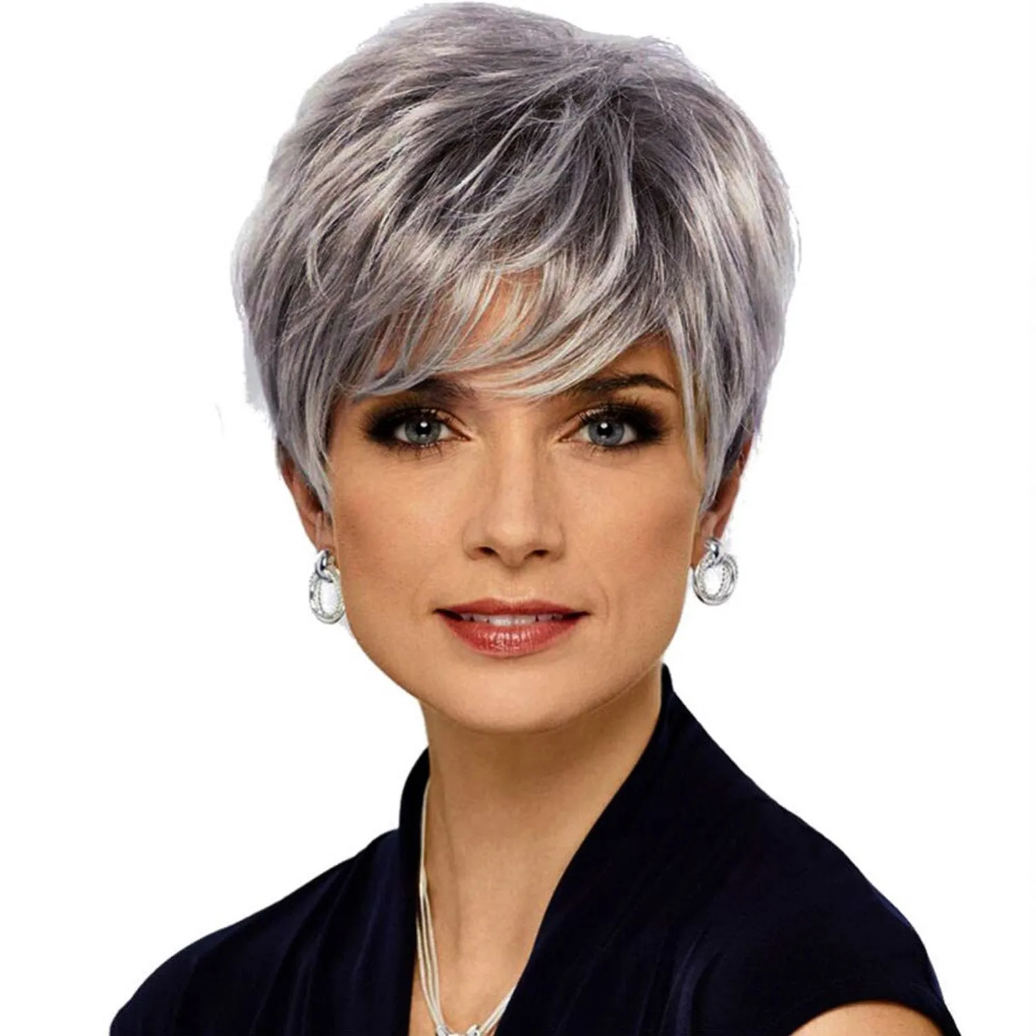 Gloria | Grey Short Pixie Cut Straight Synthetic Hair Wig With Bangs
