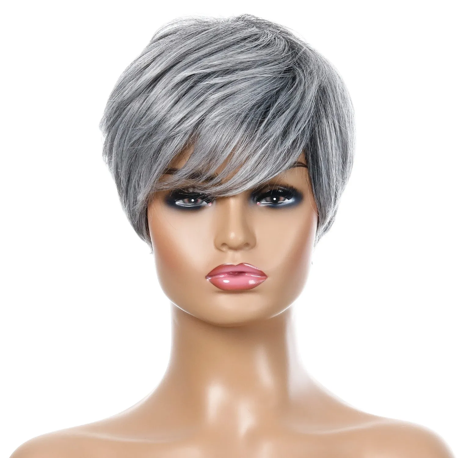 Gloria | Grey Short Pixie Cut Straight Synthetic Hair Wig With Bangs