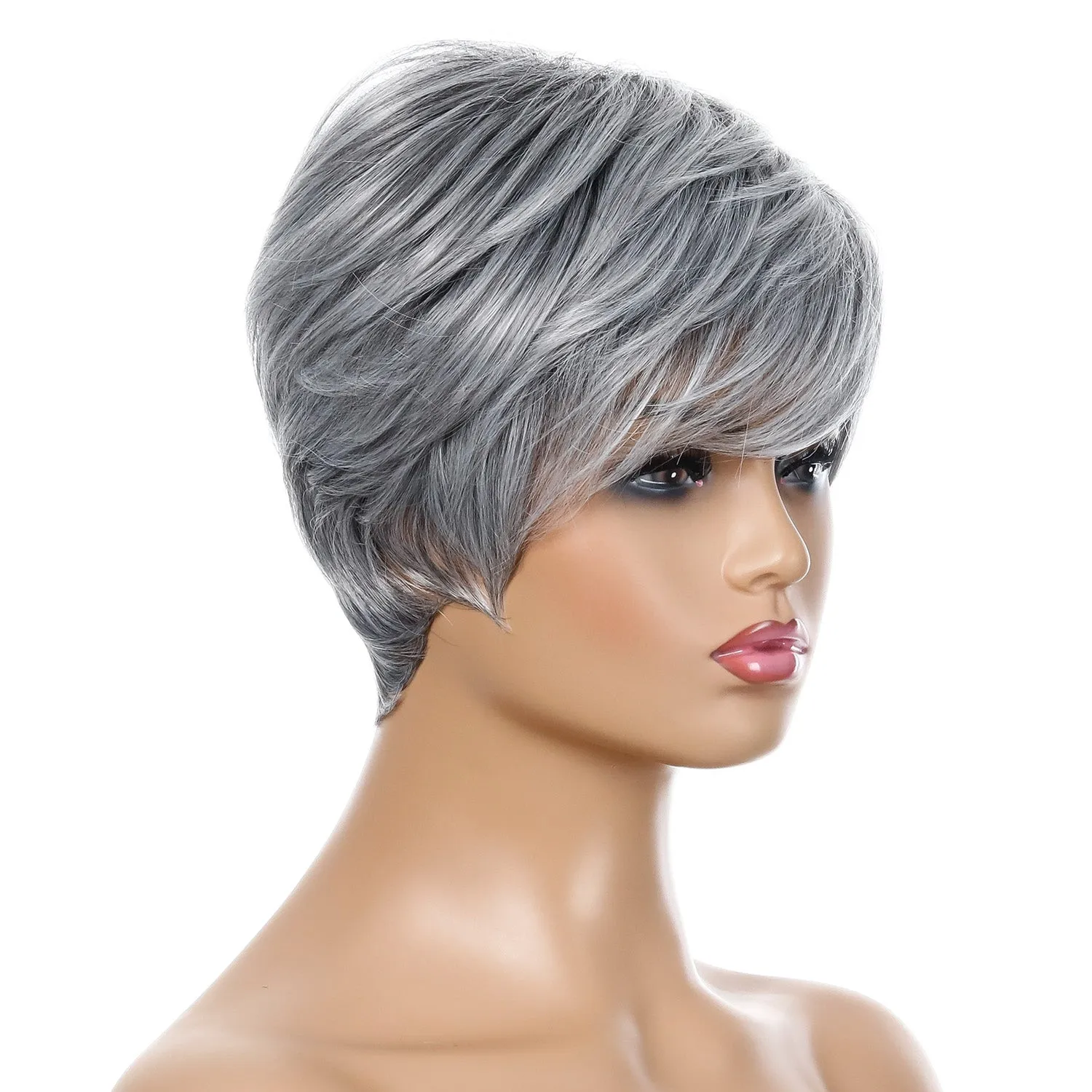 Gloria | Grey Short Pixie Cut Straight Synthetic Hair Wig With Bangs