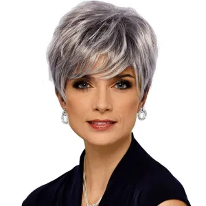 Gloria | Grey Short Pixie Cut Straight Synthetic Hair Wig With Bangs