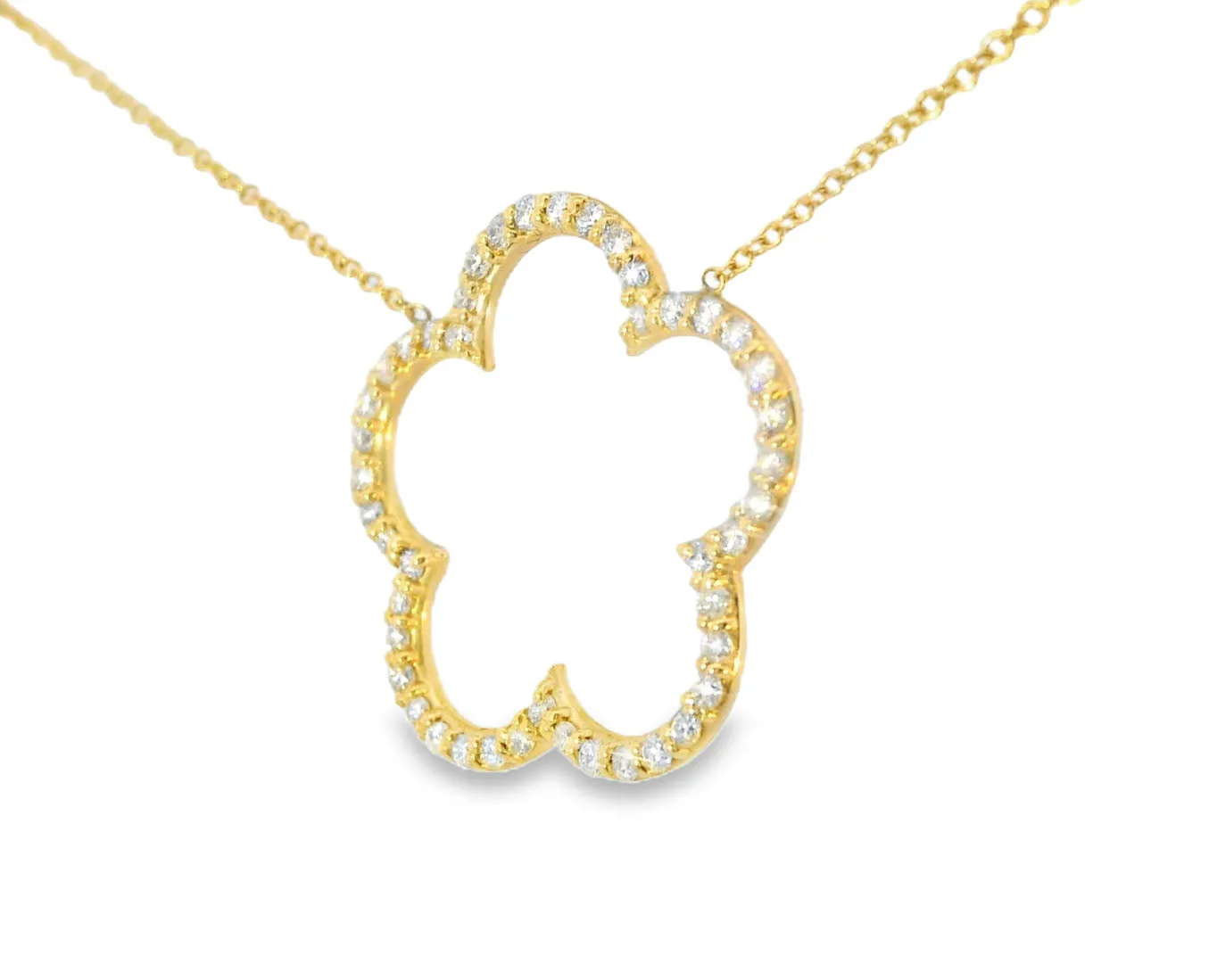 Gorgeous 14K Yellow Gold Diamond Floral 5 Leaf Clover Designer Pendant Necklace