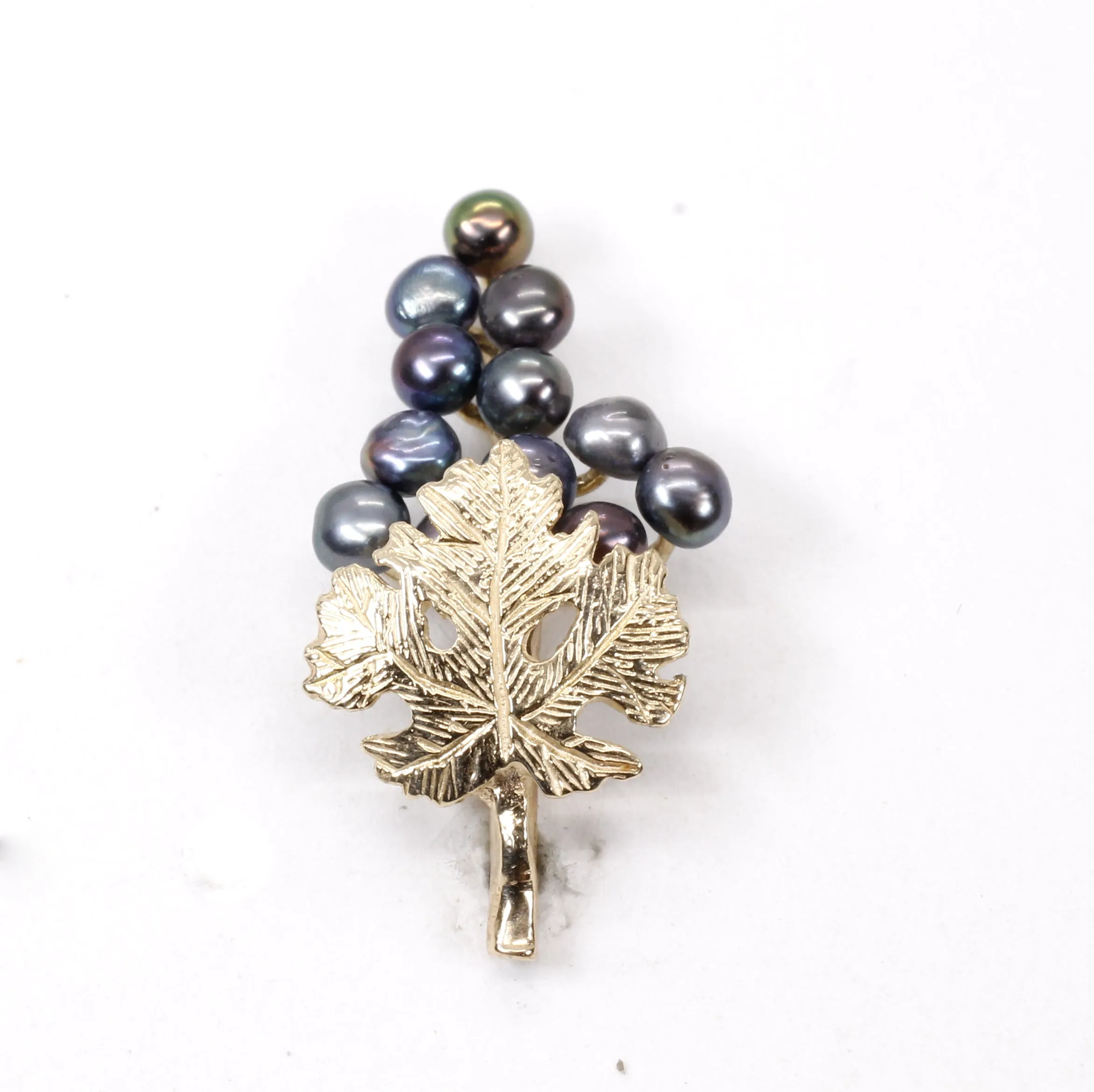Grape Cluster Lapel Pin made in 14kt Gold with Black Freshwater Pearls