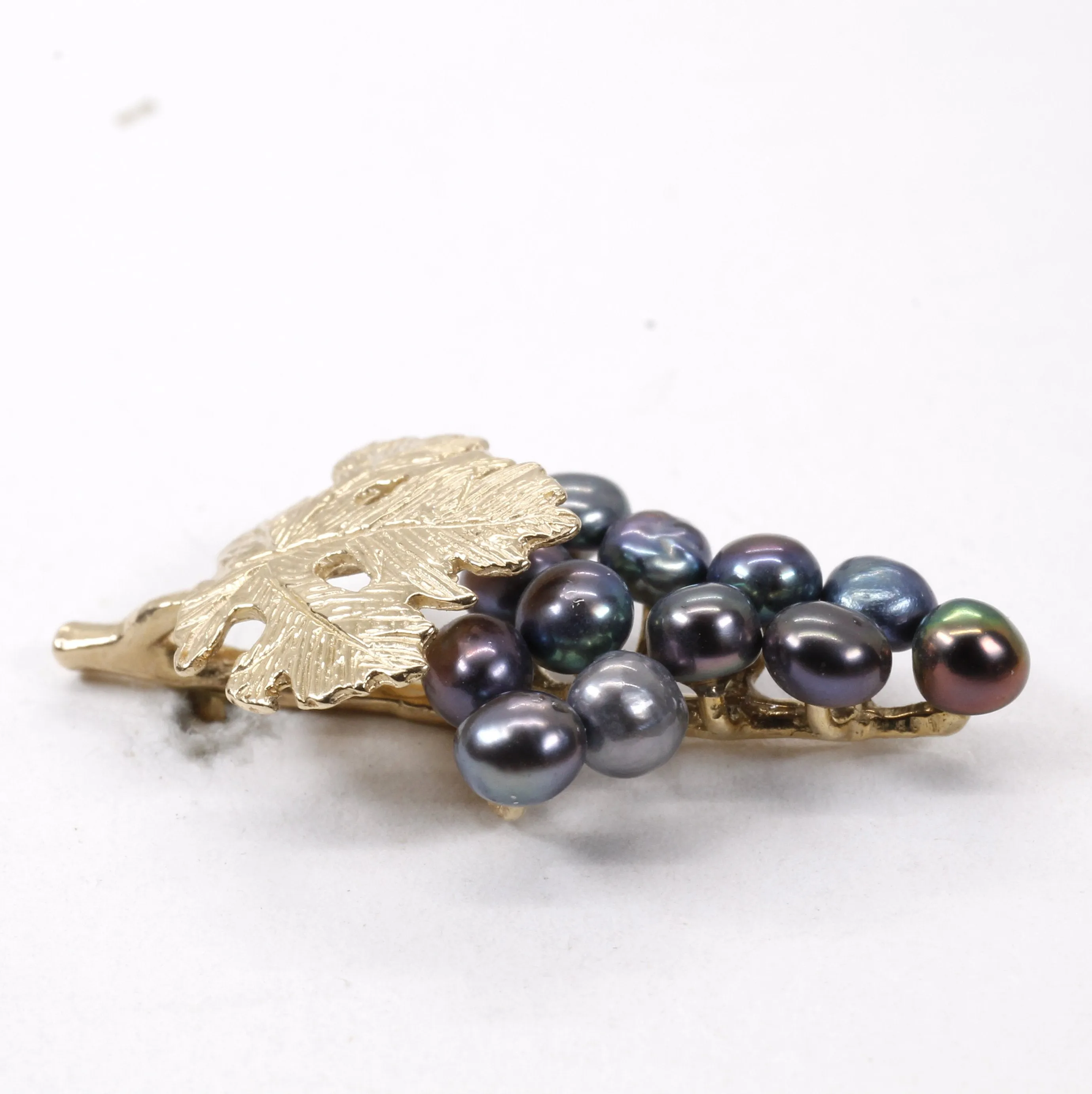Grape Cluster Lapel Pin made in 14kt Gold with Black Freshwater Pearls