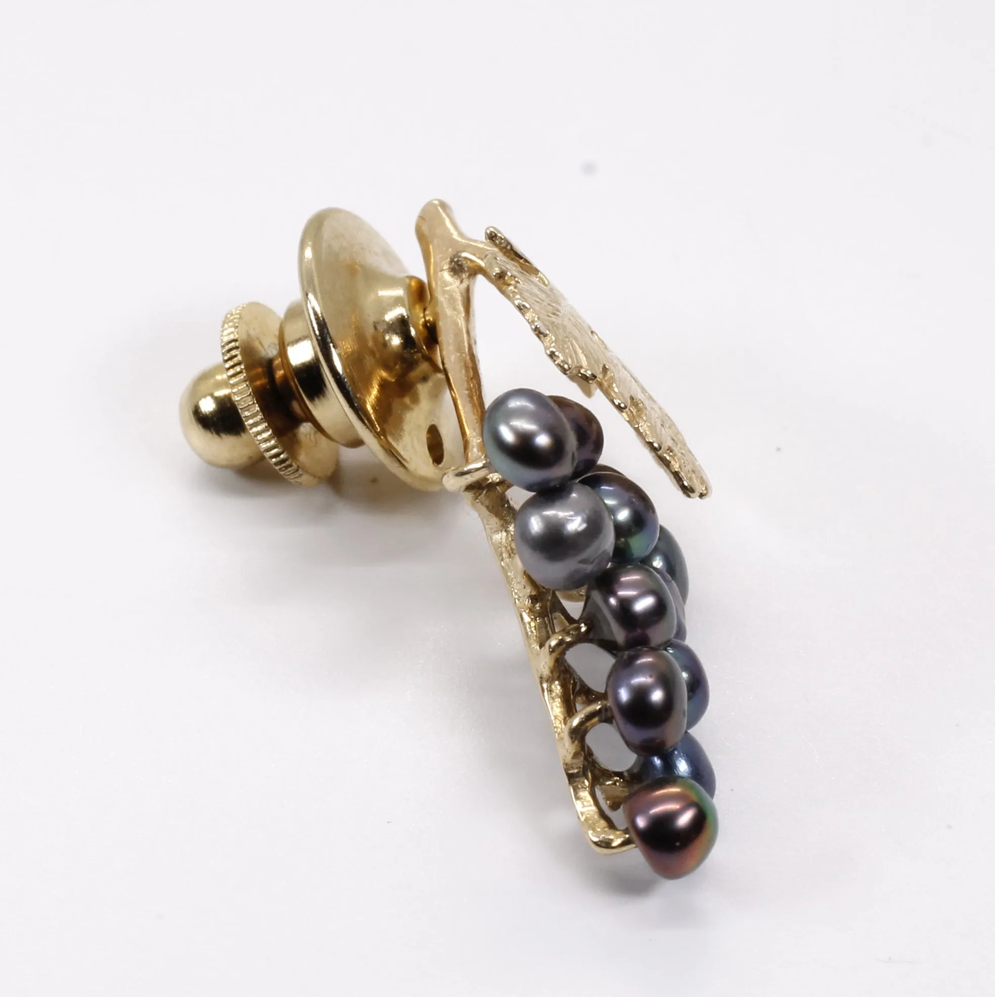 Grape Cluster Lapel Pin made in 14kt Gold with Black Freshwater Pearls