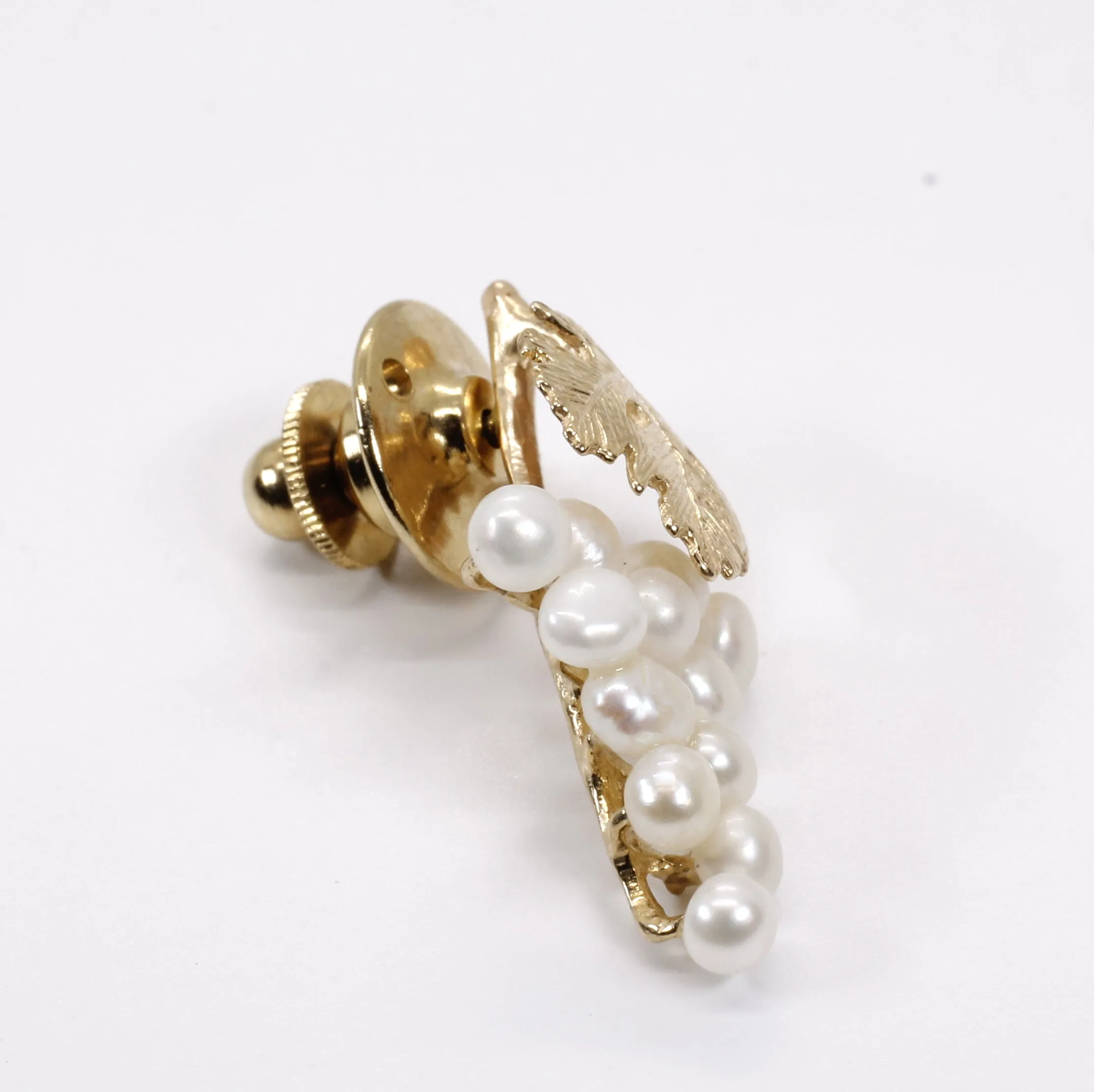 Grape Cluster Lapel Pin made in 14kt Gold with White Freshwater Pearls