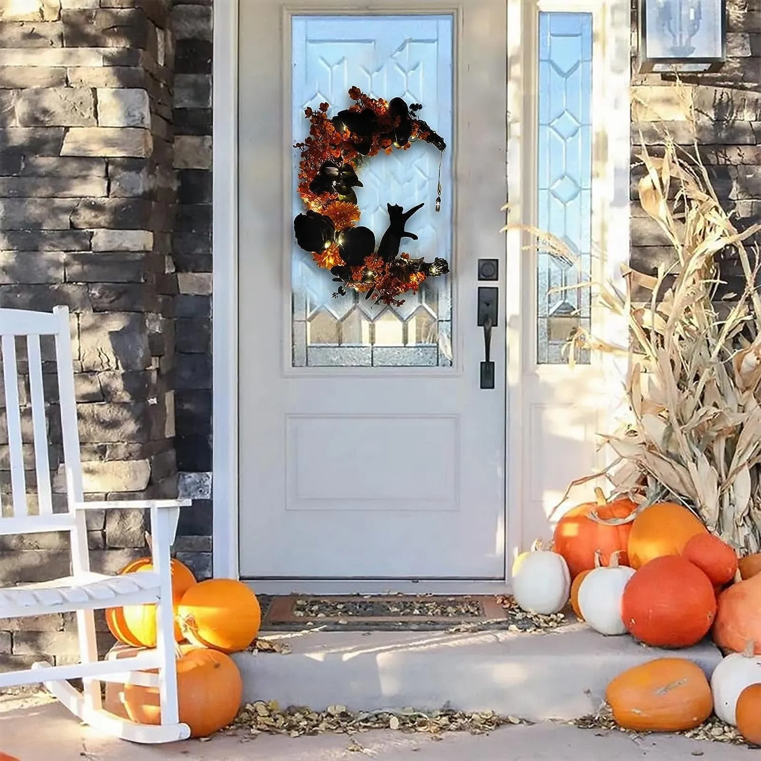 Halloween Wreaths with Lights for Front Door with Black Cat Wood