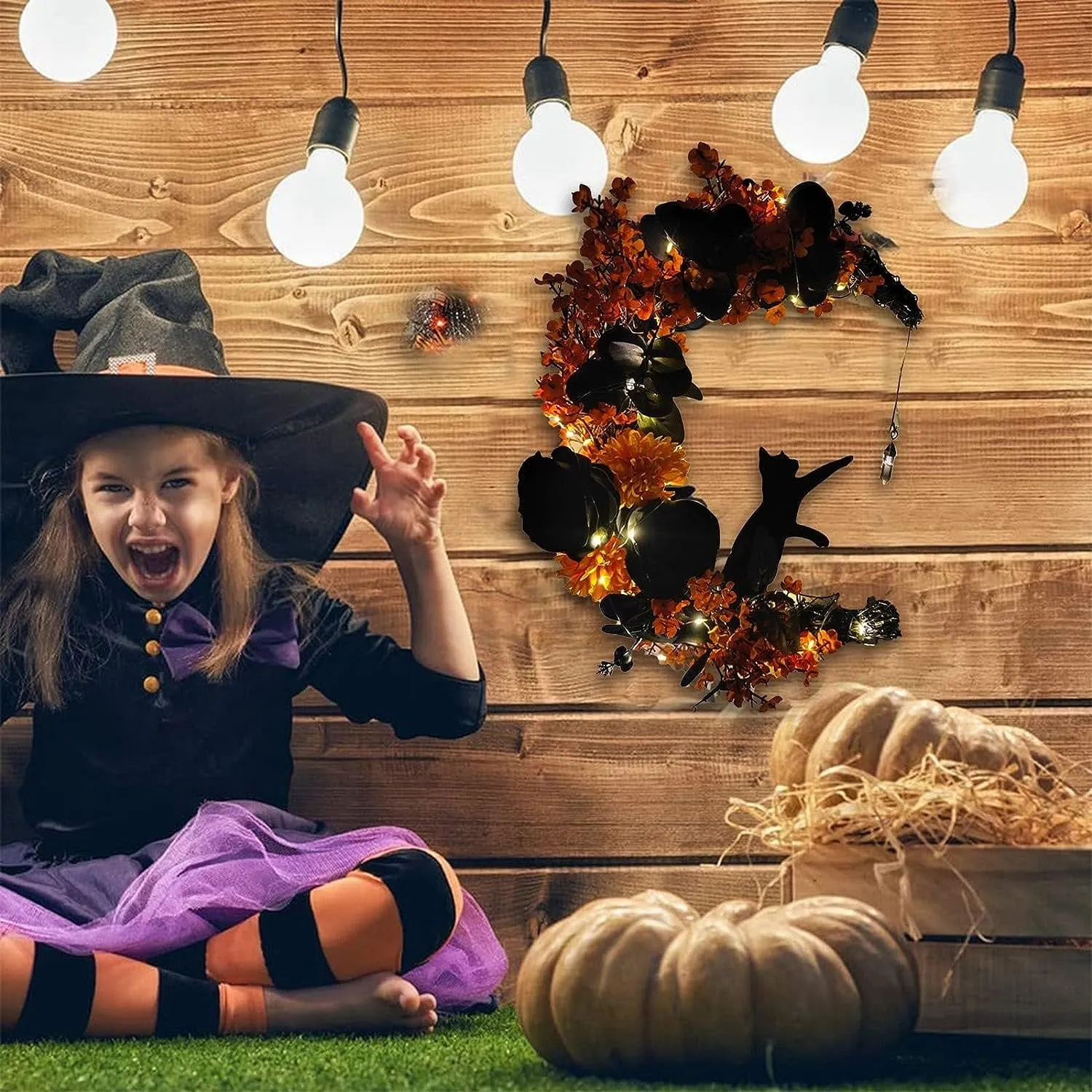 Halloween Wreaths with Lights for Front Door with Black Cat Wood