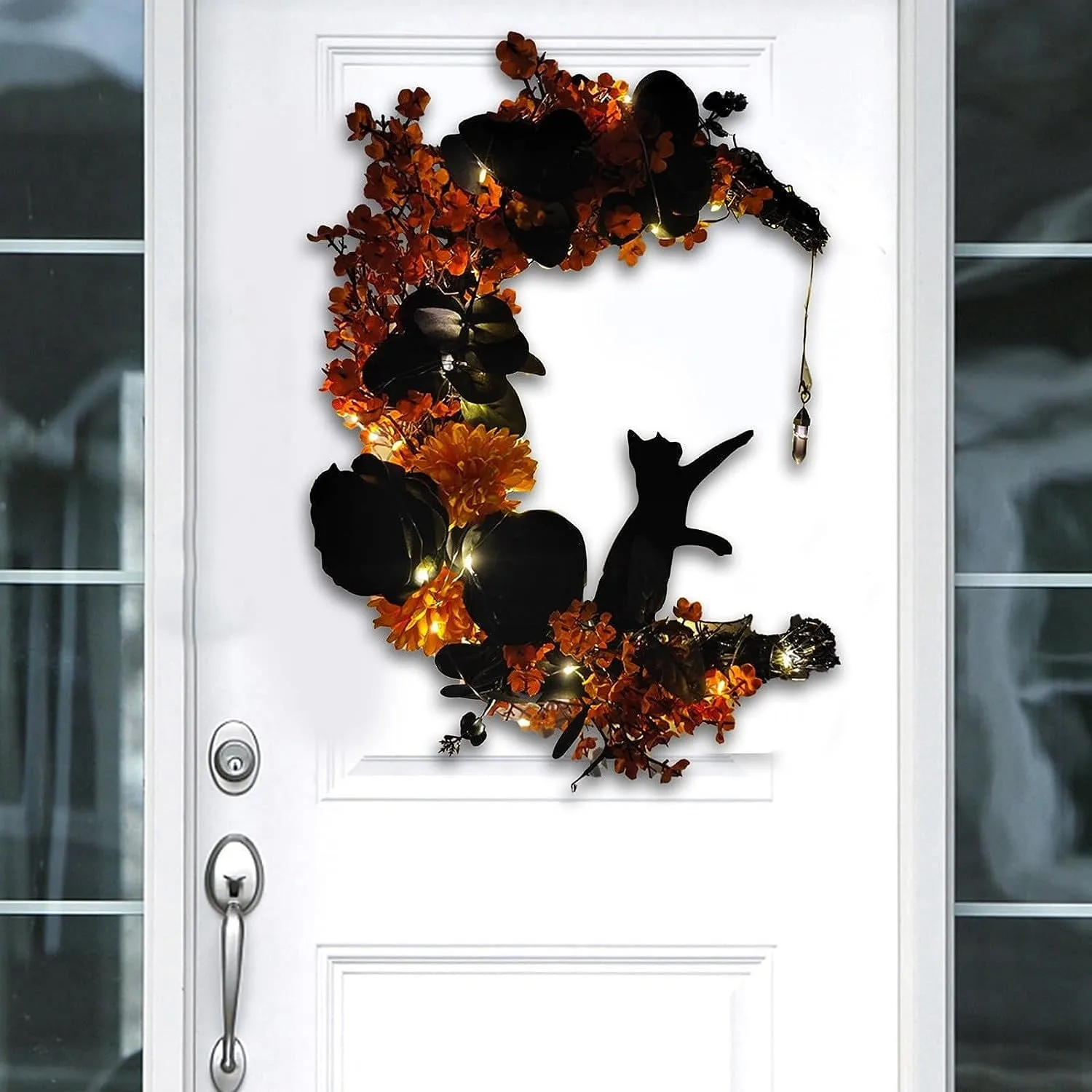 Halloween Wreaths with Lights for Front Door with Black Cat Wood