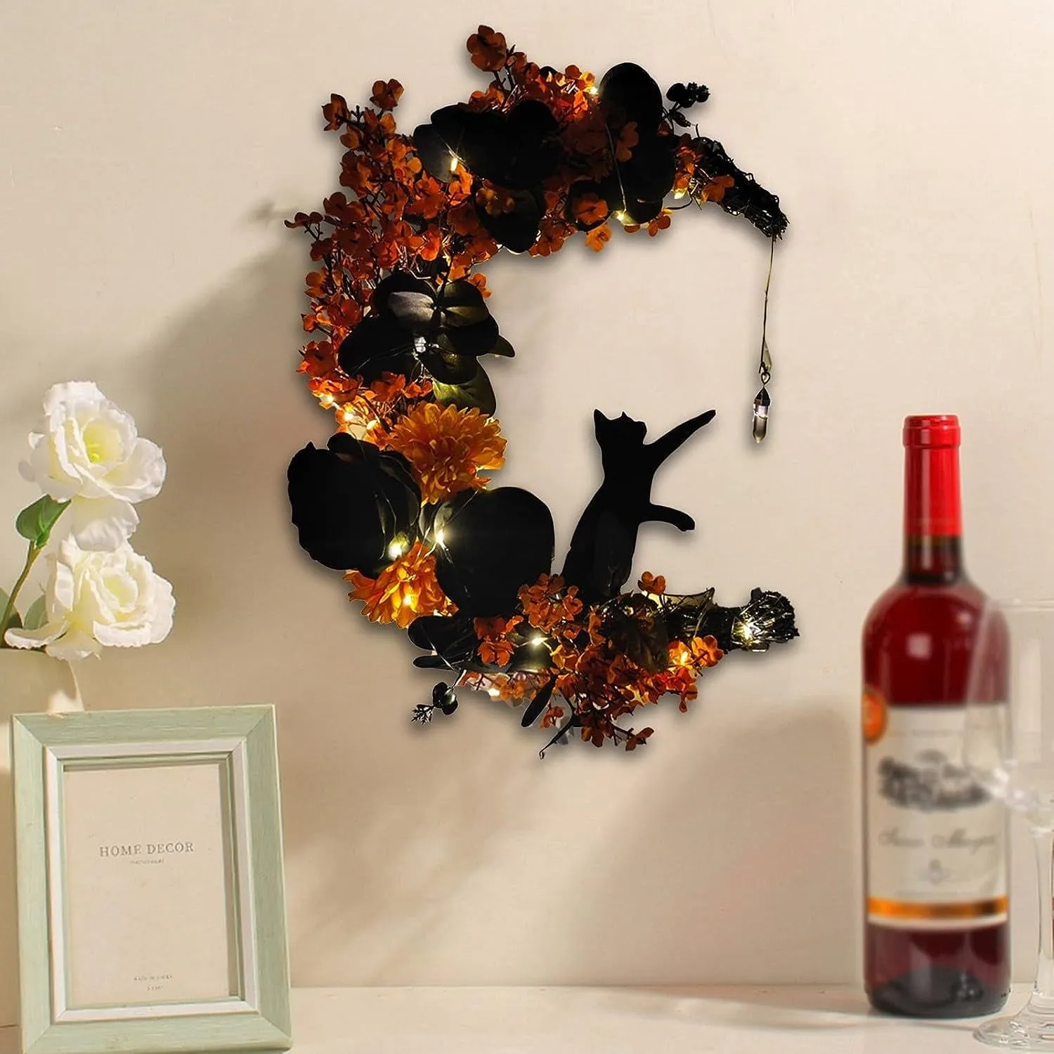 Halloween Wreaths with Lights for Front Door with Black Cat Wood