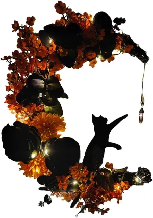 Halloween Wreaths with Lights for Front Door with Black Cat Wood