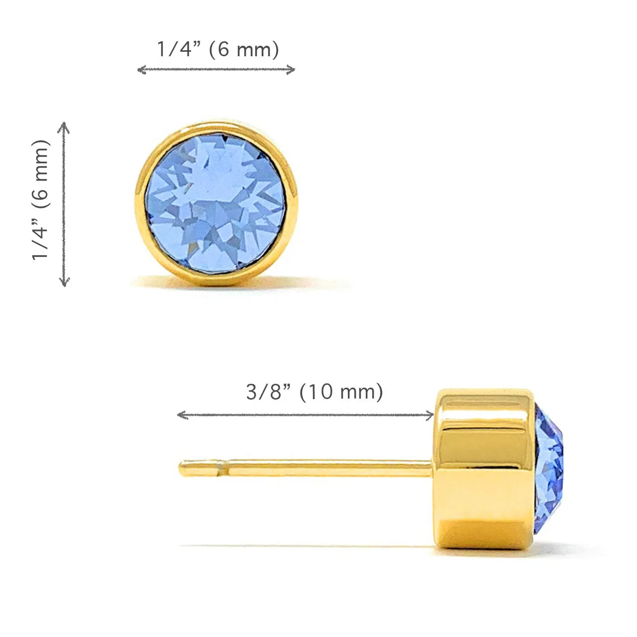 Harley Small Stud Earrings with Blue Light Sapphire Round Crystals from Swarovski Gold Plated