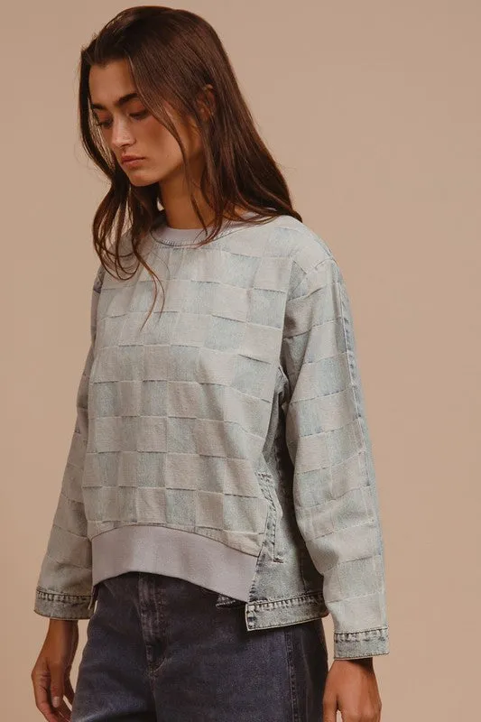 Hazel Blues® |  BiBi Mineral Washed Checkered Round Neck Denim Top