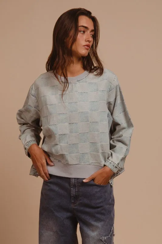 Hazel Blues® |  BiBi Mineral Washed Checkered Round Neck Denim Top