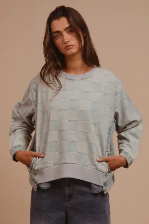 Hazel Blues® |  BiBi Mineral Washed Checkered Round Neck Denim Top