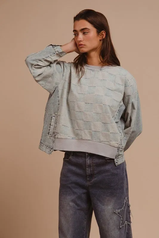 Hazel Blues® |  BiBi Mineral Washed Checkered Round Neck Denim Top