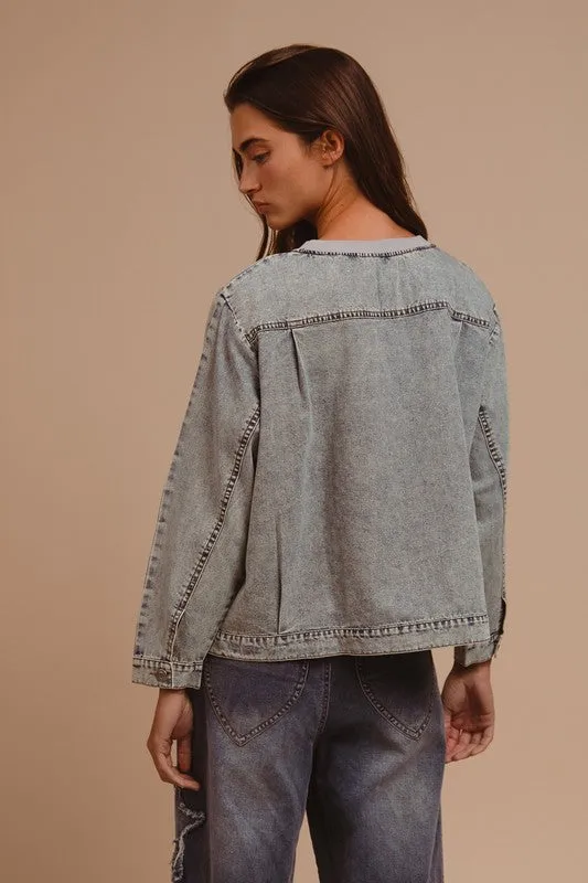 Hazel Blues® |  BiBi Mineral Washed Checkered Round Neck Denim Top