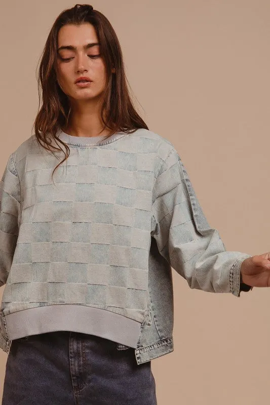 Hazel Blues® |  BiBi Mineral Washed Checkered Round Neck Denim Top