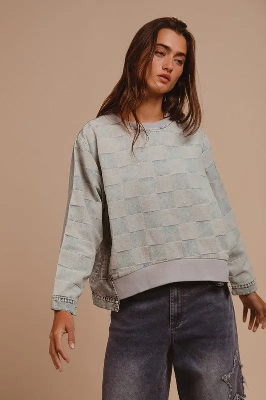 Hazel Blues® |  BiBi Mineral Washed Checkered Round Neck Denim Top