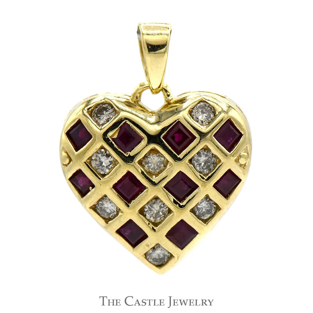 Heart Shaped Ruby and Diamond Cluster Pendant in 14k Yellow Gold