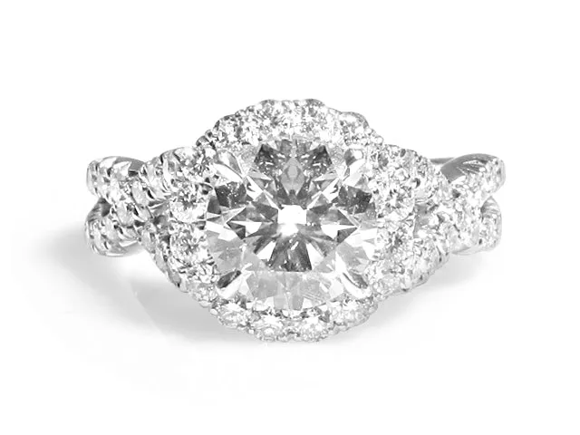 Henri Daussi 0.90ct GIA Certified Round  Center Halo 1.62ct tw Interlaced Shank Engagement Ring