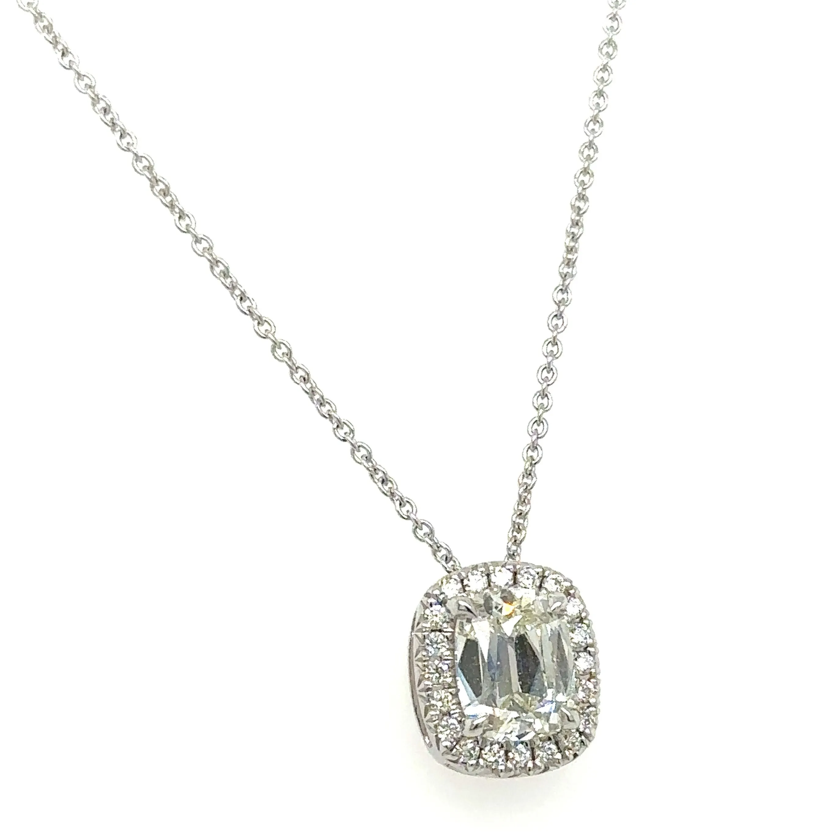 Henri Daussi Signed 1.13ct t.w. Diamond Cushion Brilliant Cut Halo Solitaire Pendant Necklace