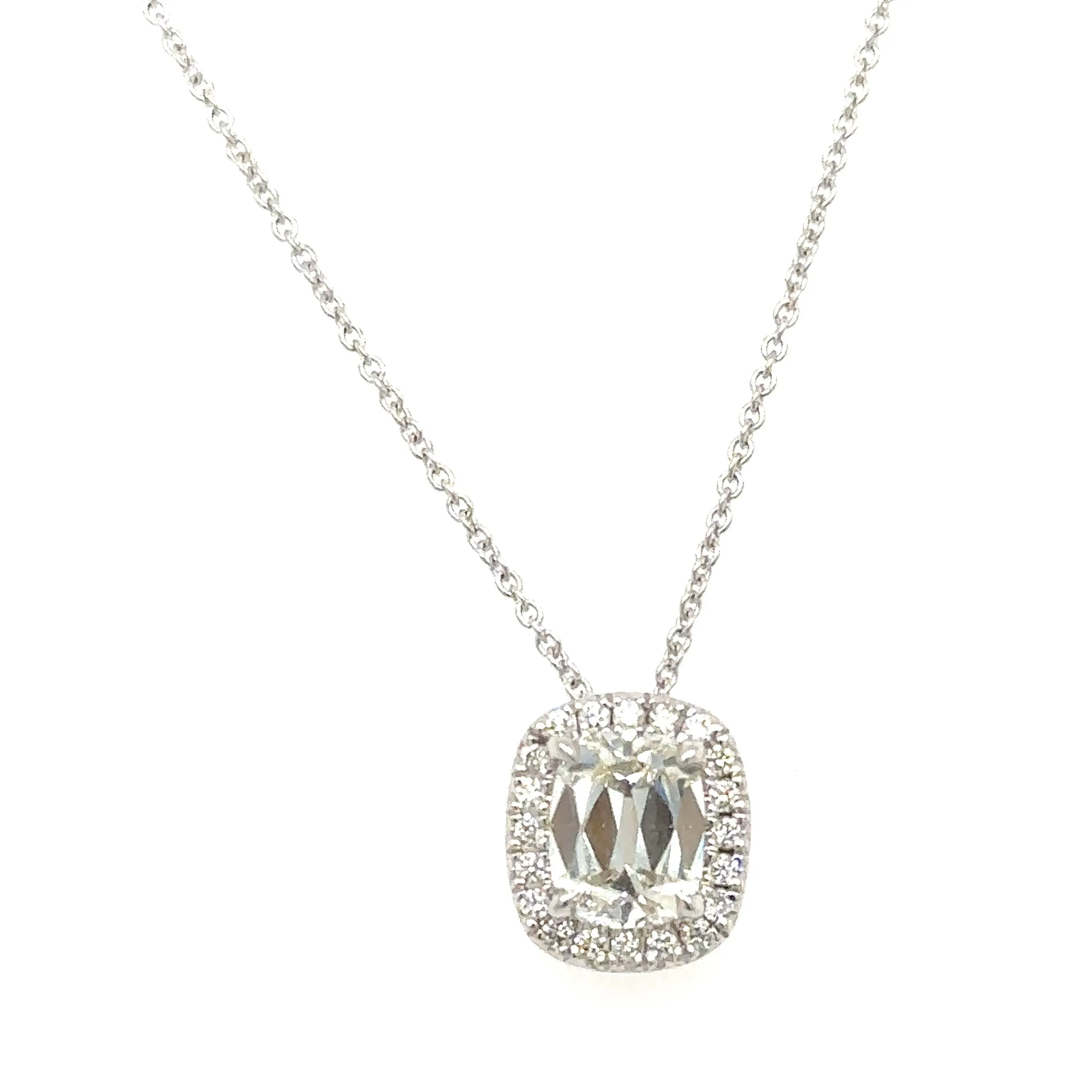Henri Daussi Signed 1.13ct t.w. Diamond Cushion Brilliant Cut Halo Solitaire Pendant Necklace