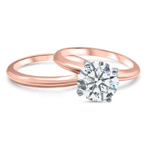 IGI Certified Diamond F Color Bridal Set | 14k Rose Gold 4-Prong Solitaire Engagement Ring and Wedding Band
