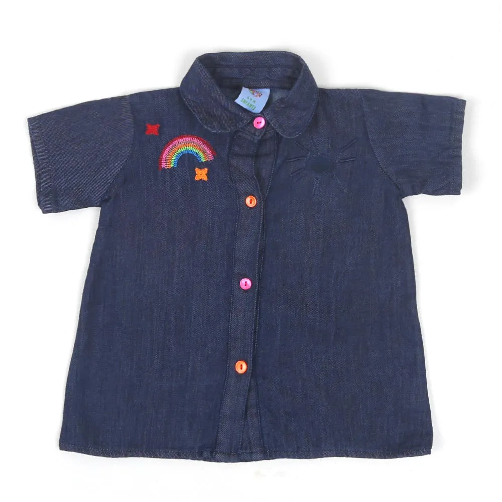 Infant Girls Top Denim Rainbow EMB - Mid Blue | Bachaa Party Baby Clothes Girls Tops & T-Shirts