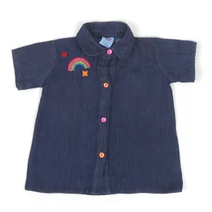 Infant Girls Top Denim Rainbow EMB - Mid Blue | Bachaa Party Baby Clothes Girls Tops & T-Shirts