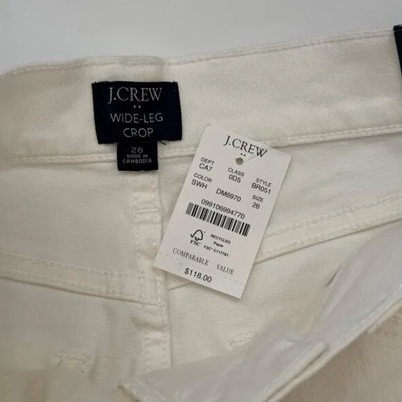 J. Crew Factory NEW Wide Leg Crop Jeans Women's 26 Cream Raw Hem Stretch Denim